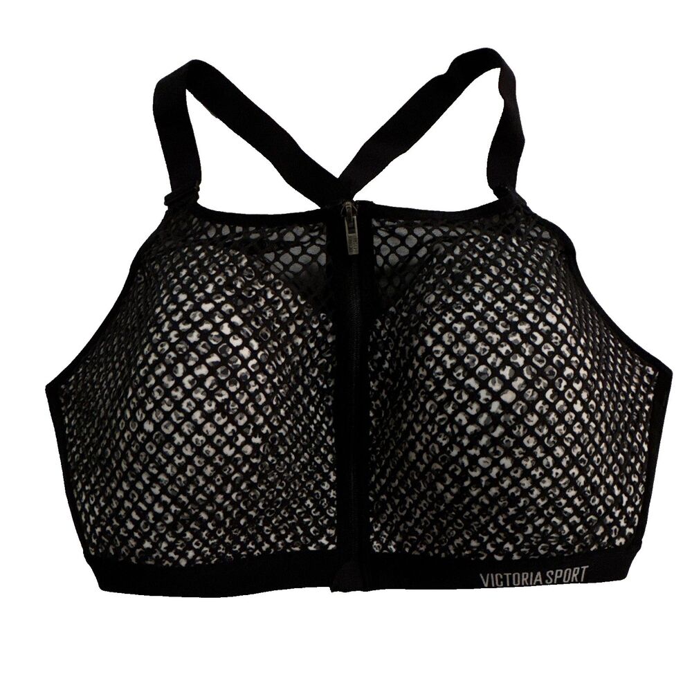 Victoria Sport 38DDD Black/White Mesh Front Zip Racer Back Sports Bra